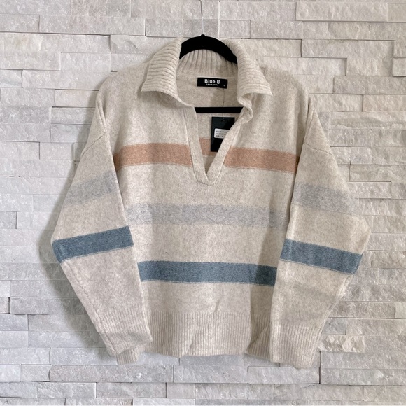 Horizontal Striped Collard V-Neck Loose Fit Sweater - Picture 6 of 8